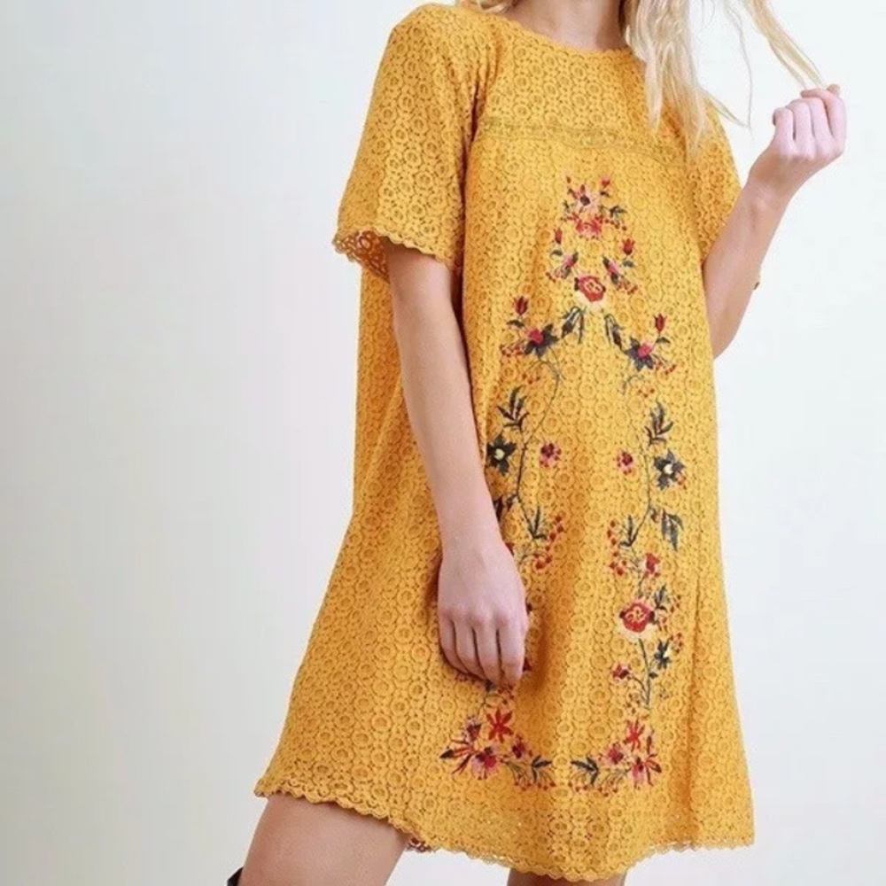 Umgee Dress Boho Mustard Floral Yellow Dress NWT
